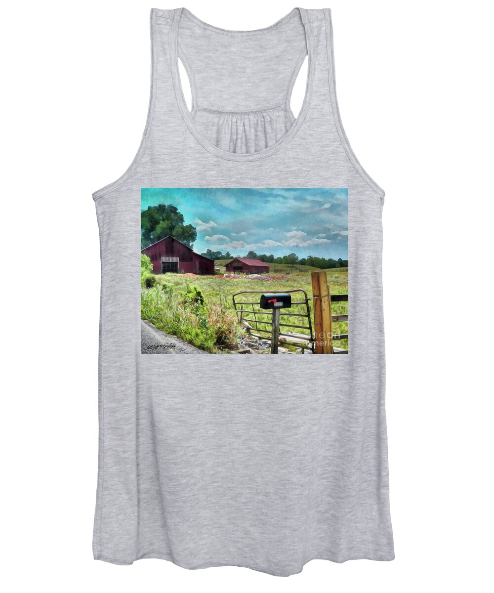 Barn Back Roads Sky Clouds Tennessee Trees Mailbox Women's Tank Top featuring the digital art Along the Rural Road Old Barn in Tennessee II by Rhonda Strickland