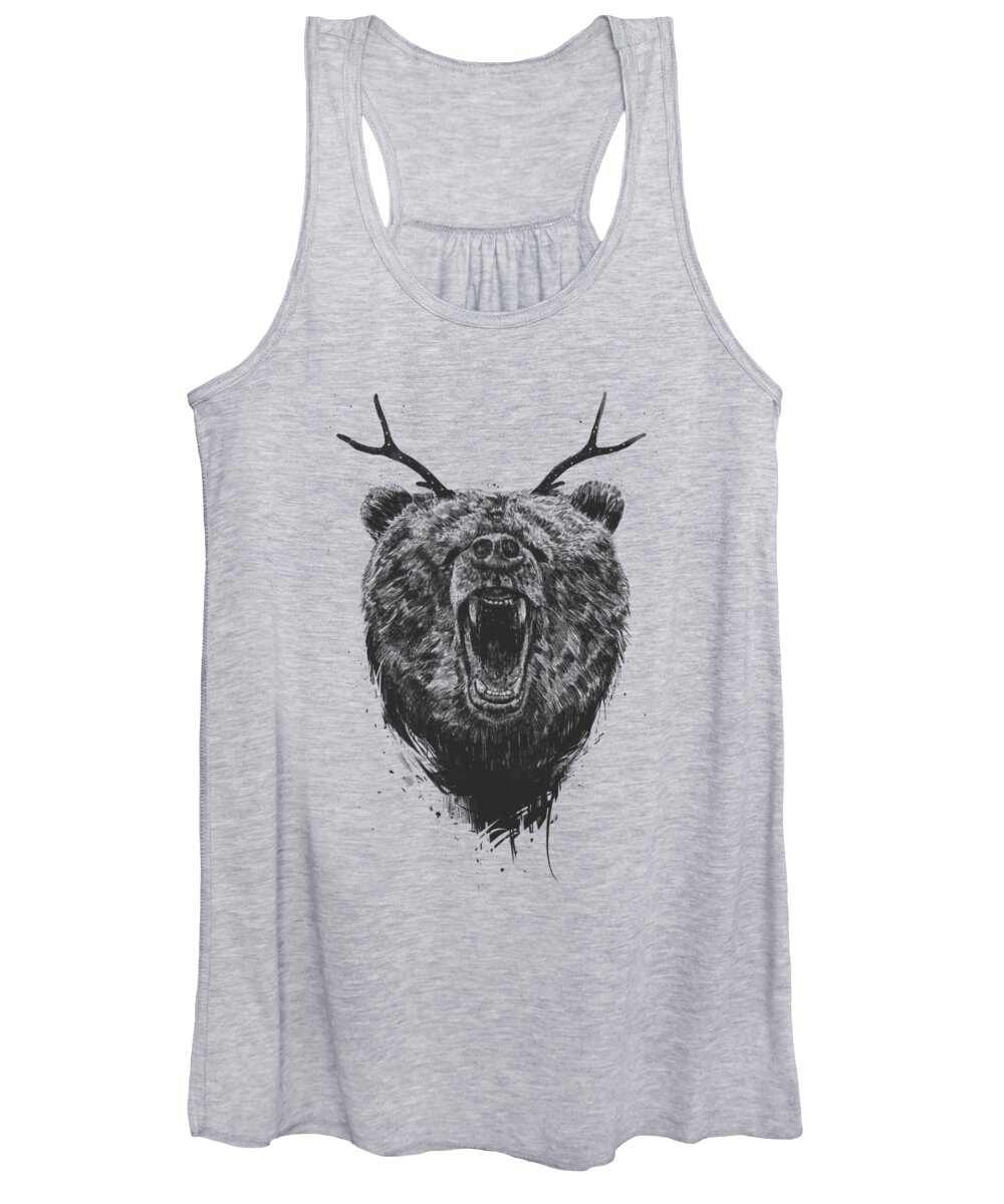 Bear Women's Tank Top featuring the drawing Angry bear with antlers by Balazs Solti