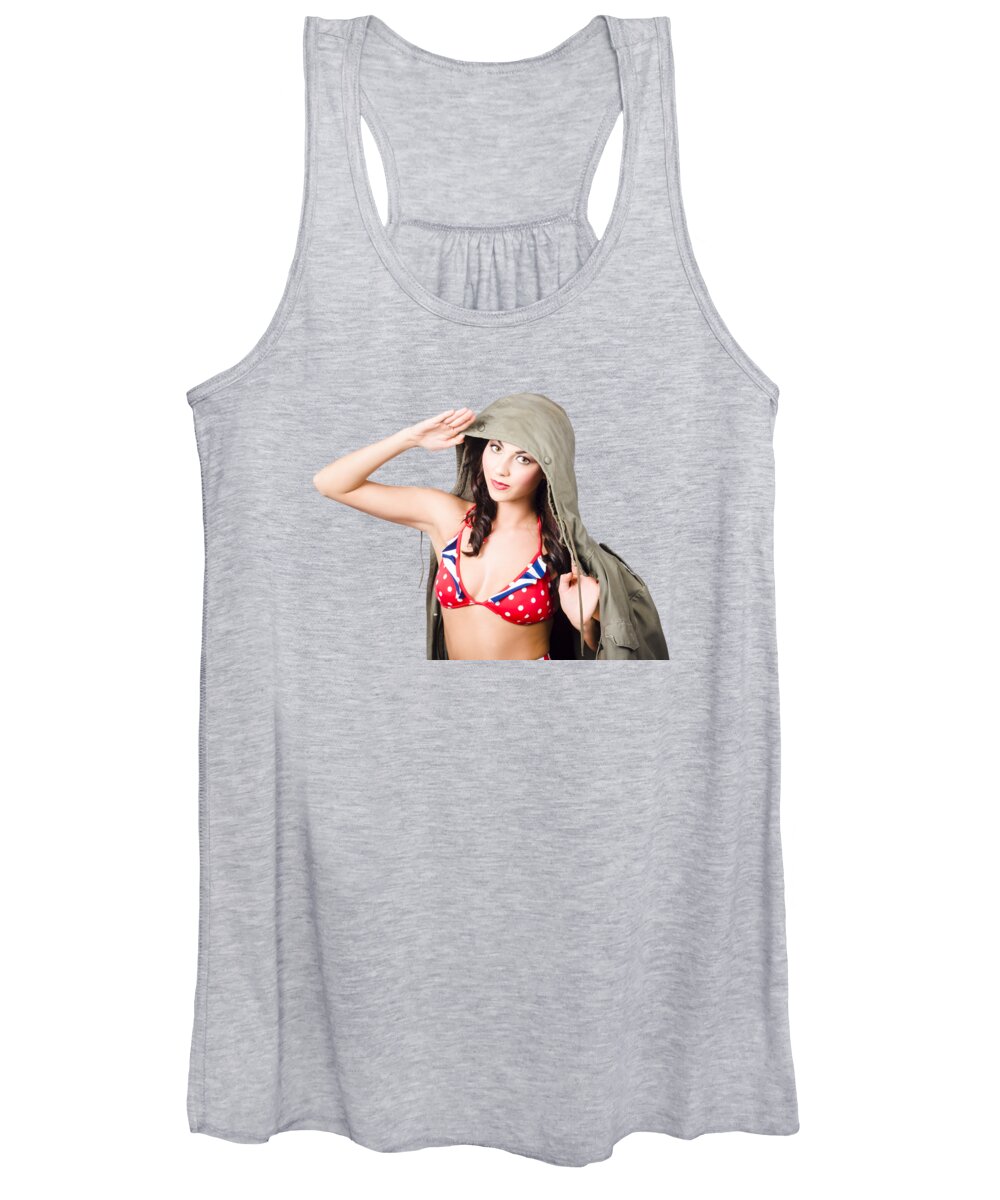 Army Women's Tank Top featuring the photograph Army pinup saluting retro fashion in 1940 style by Jorgo Photography