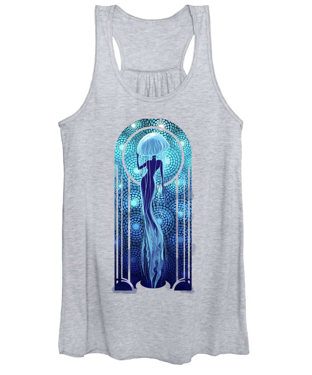 Jellyfish Women's Tank Top featuring the painting Art deco jellyfish woman by Sassan Filsoof