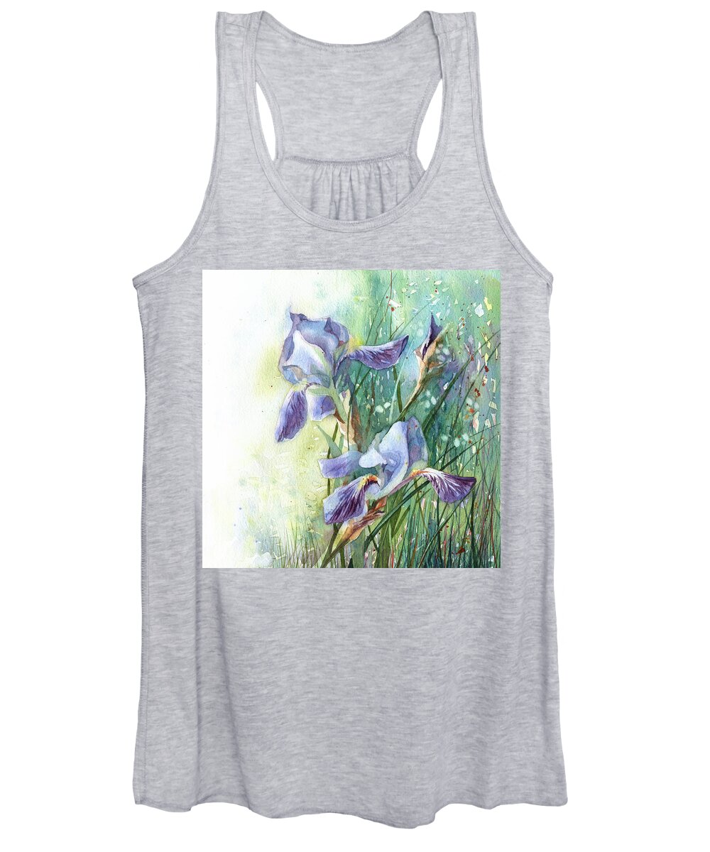 Russian Artists New Wave Women's Tank Top featuring the painting Blue Irises Fairytale by Ina Petrashkevich