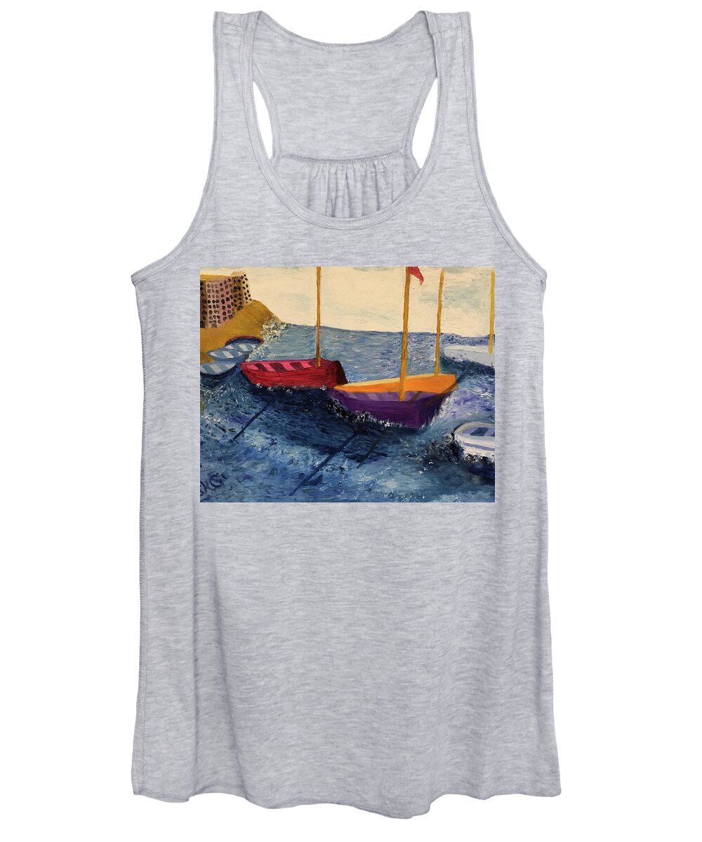 Sailboats Women's Tank Top featuring the painting Boat Shadows in the Bay by Susan Grunin