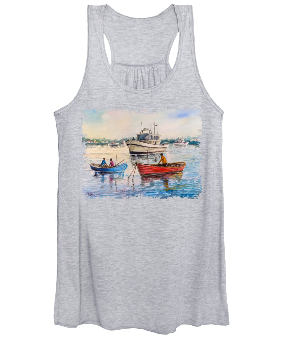 Kenya Art Women's Tank Top featuring the painting Boats on a Lake by Anthony Mwangi