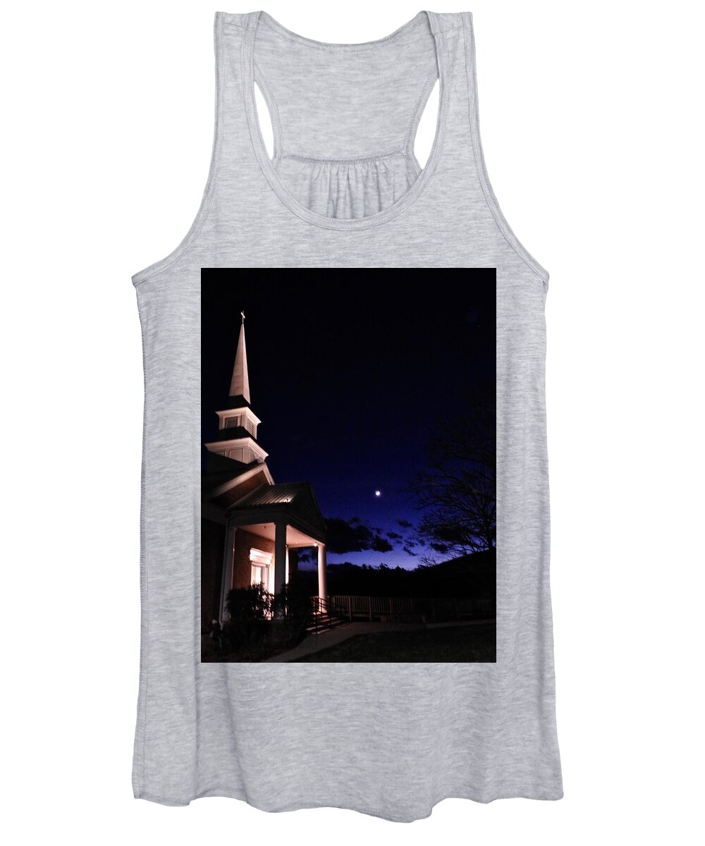 Church Women's Tank Top featuring the photograph Church and Moon by Kathy Chism