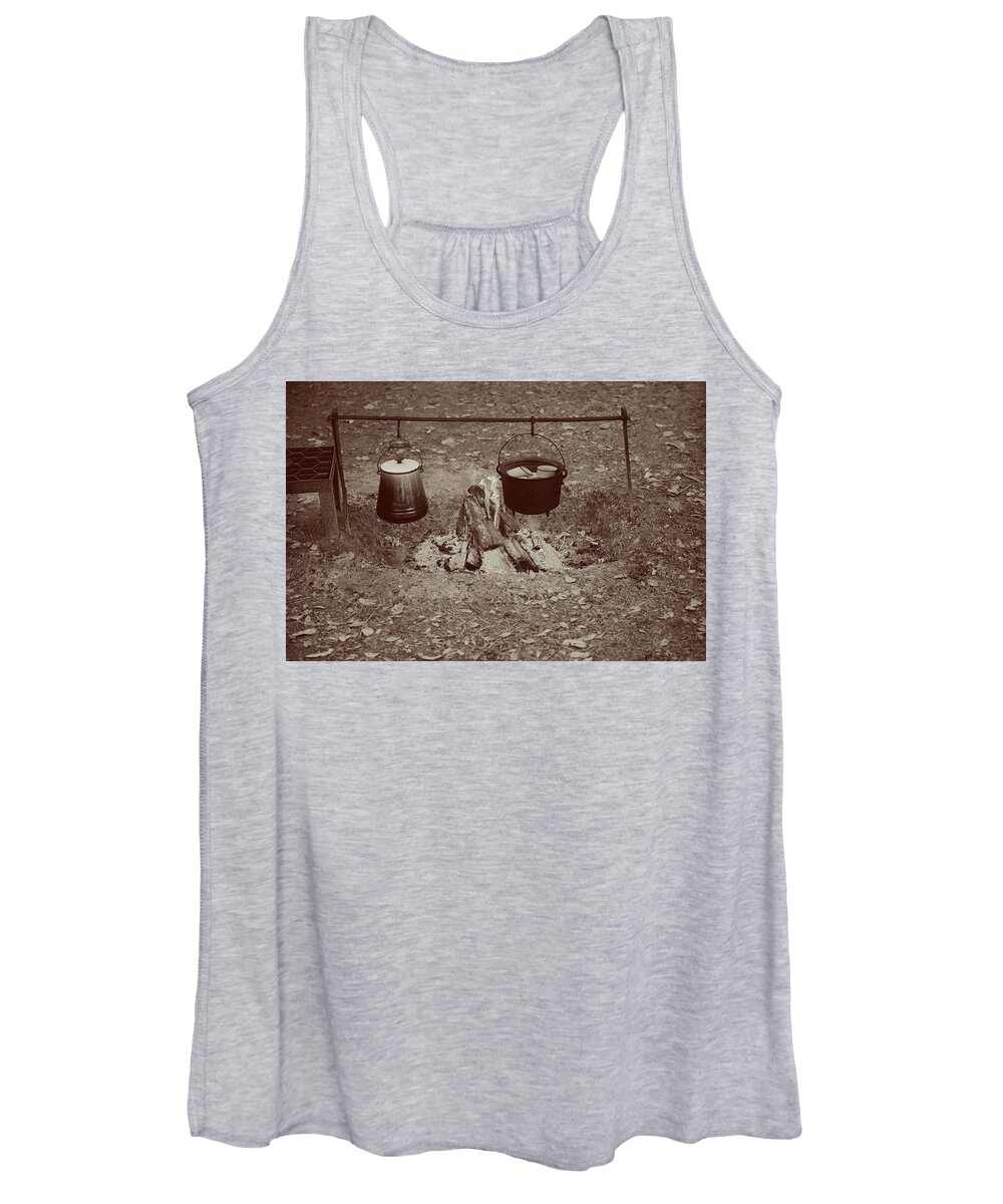 Sepia Women's Tank Top featuring the photograph Cowboy Camp by T Lynn Dodsworth