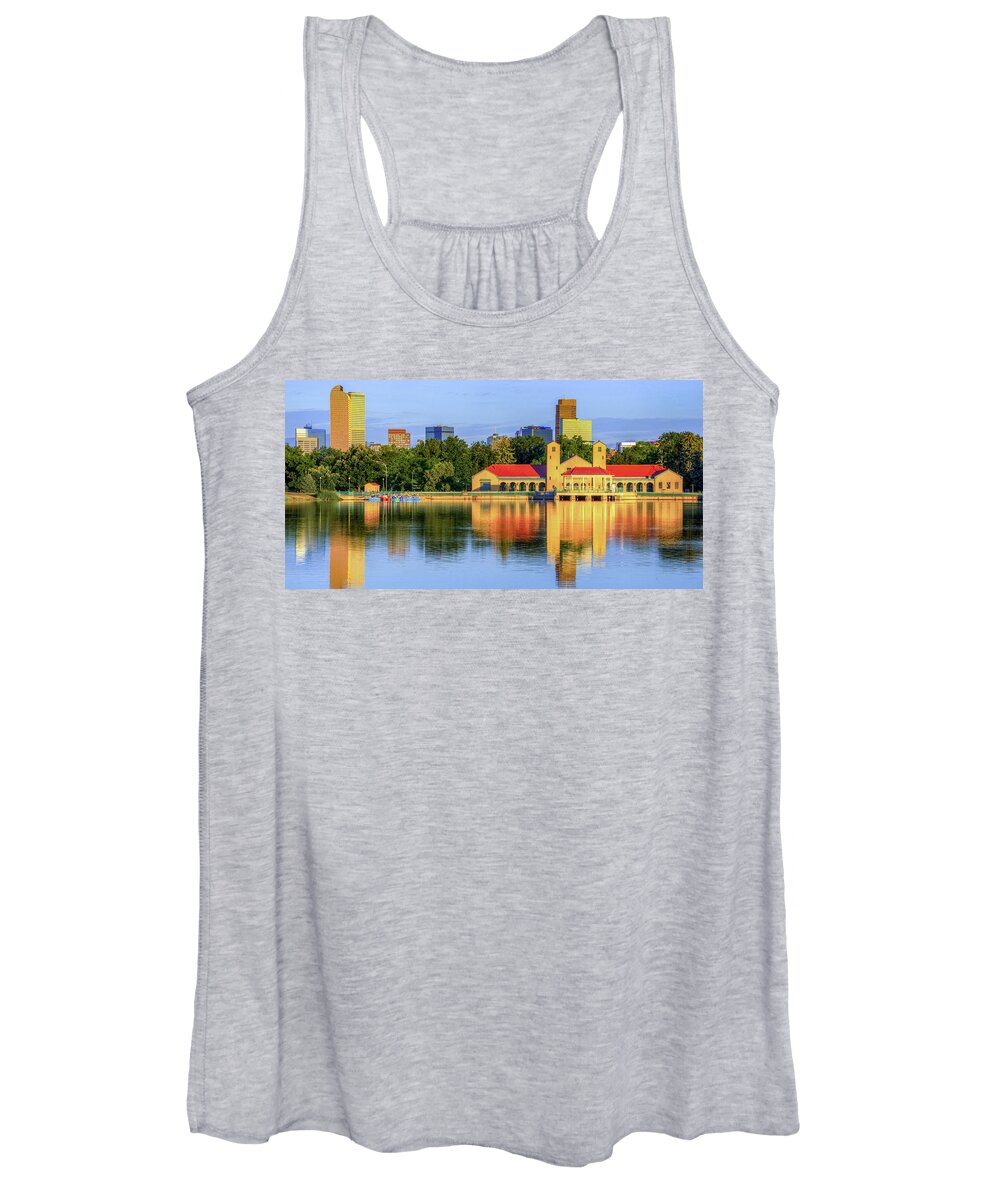 America Women's Tank Top featuring the photograph Denver Colorado Skyline Reflections - City Park Panorama by Gregory Ballos