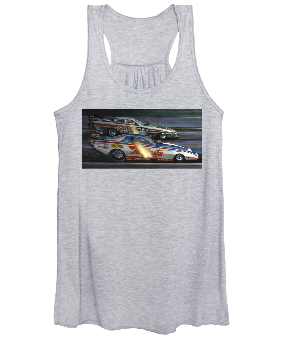 Nhra Drag Racing Funny Cars Nitro Women's Tank Top featuring the painting East vs West by Kenny Youngblood
