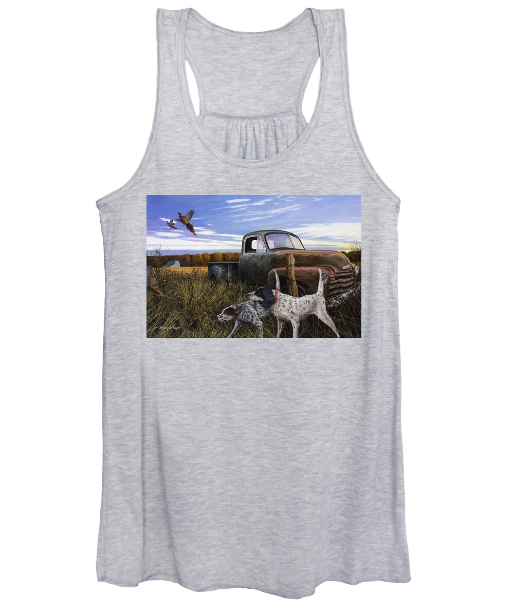 Pheasant Women's Tank Top featuring the painting English Setters with Old Truck by Anthony J Padgett
