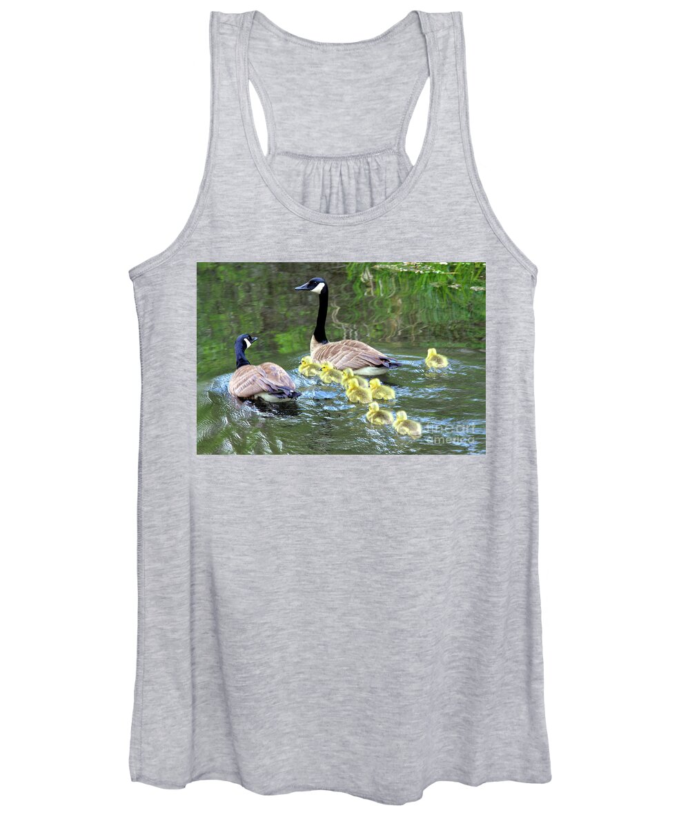 Branta Canadensis Women's Tank Top featuring the photograph family of Canada geese in water swimming with eight goslings by Robert C Paulson Jr