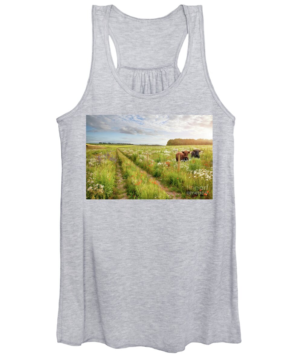 Norfolk Women's Tank Top featuring the photograph Norfolk flower meadow and two cows by Simon Bratt