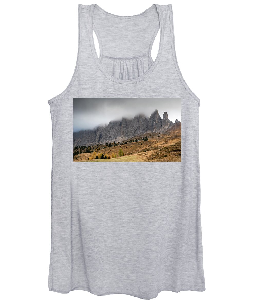Mood Women's Tank Top featuring the photograph Foggy mountain landscape of the picturesque Dolomites mountains by Michalakis Ppalis