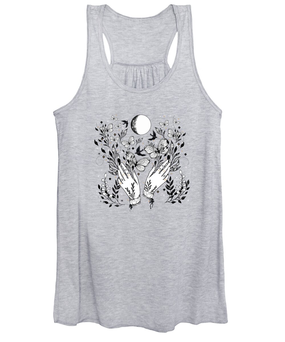 Painting Women's Tank Top featuring the painting Full Moon Magic Of Nature With Blackbirds And Butterflies by Little Bunny Sunshine