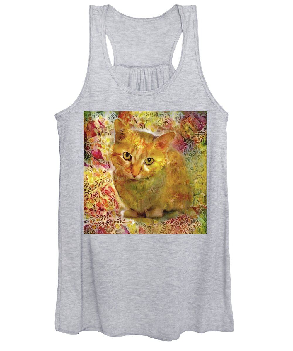 Ginger Cat Women's Tank Top featuring the digital art Ginger Cat - Gold Floral by Peggy Collins
