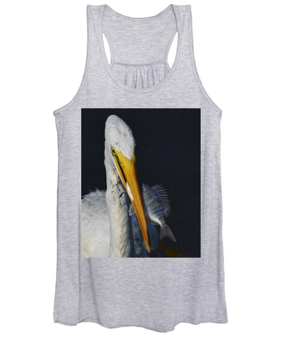  Women's Tank Top featuring the photograph Great Egret And Breakfast by Chip Gilbert