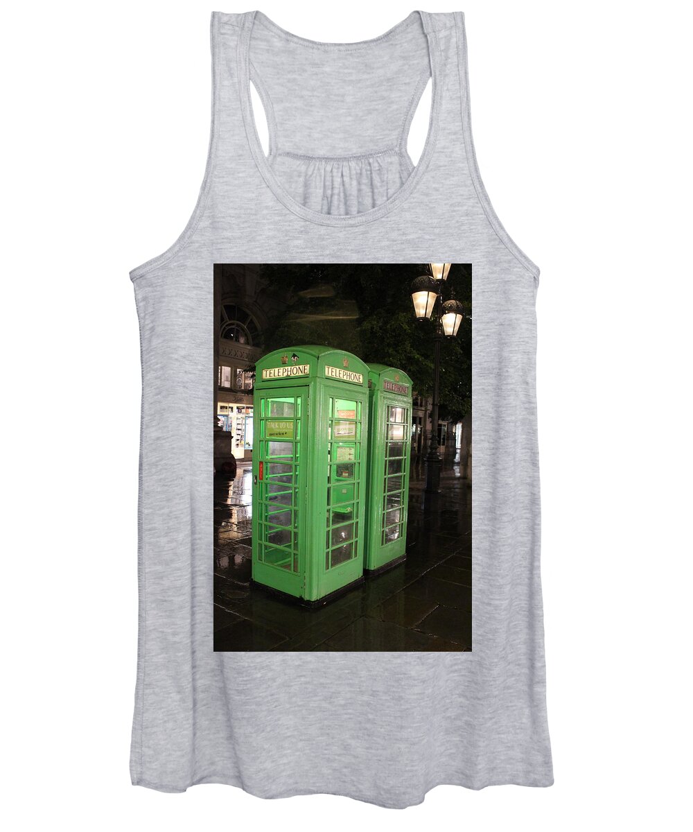 Telephone Women's Tank Top featuring the photograph Green British Telephone Booths by Laura Smith