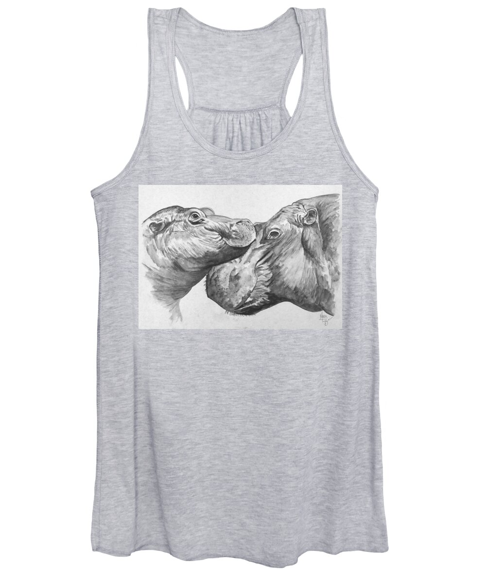 Hippo Women's Tank Top featuring the painting Hippo Love Black and White by Mark Ray