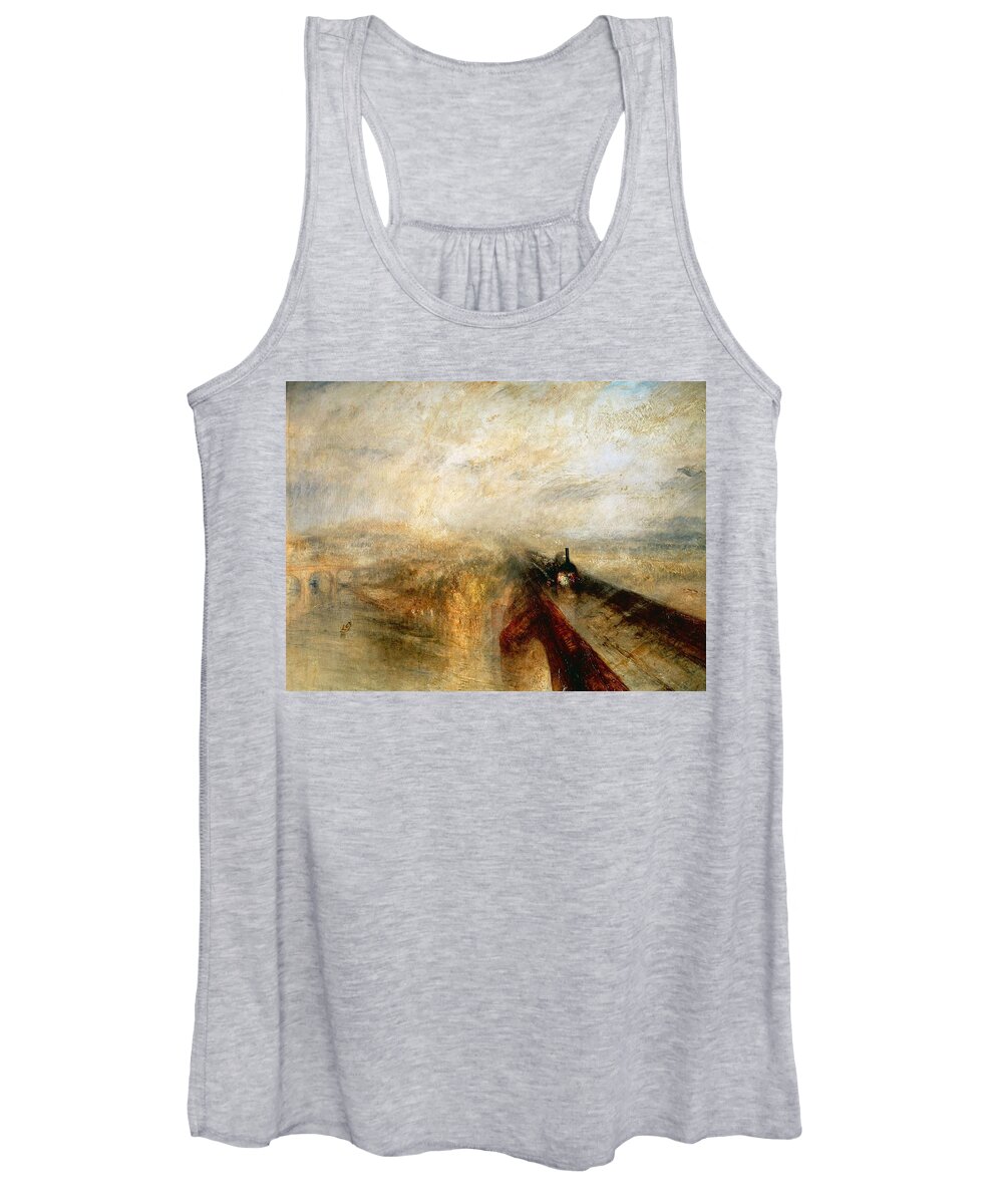Joseph Mallord William Turner Women's Tank Top featuring the painting Joseph Mallord William Turner / 'Rain, Steam and Speed -The Great Western Railway-', 1844. by Joseph Mallord William Turner -1775-1851-