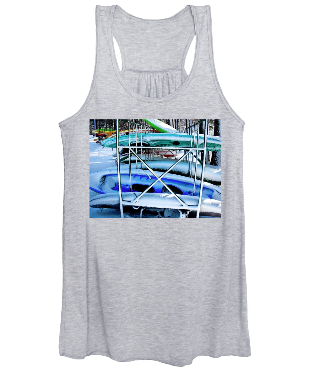 Kayaks Snow Tahoe Women's Tank Top featuring the photograph Kayaks in Snow by Neil Pankler