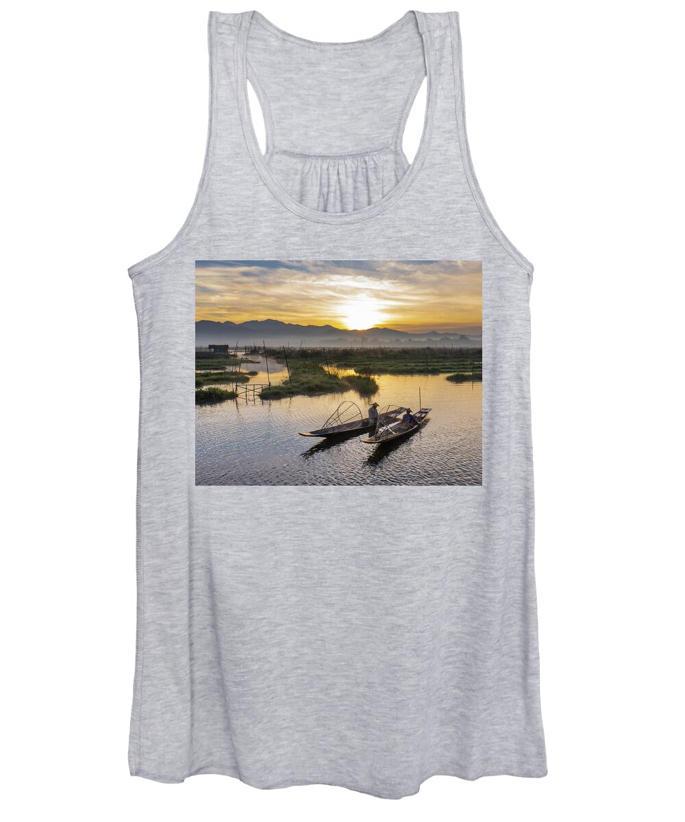 Fisherman Women's Tank Top featuring the photograph landscape of sunrise on Lake Inle, Myanmar by Ann Moore