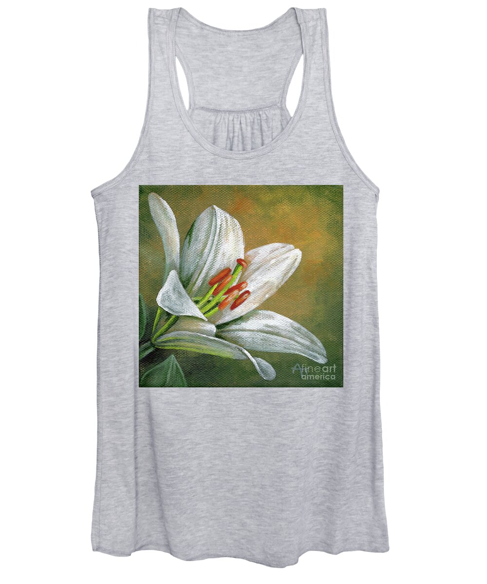 Flower Women's Tank Top featuring the painting Lily White Flower - left by Annie Troe