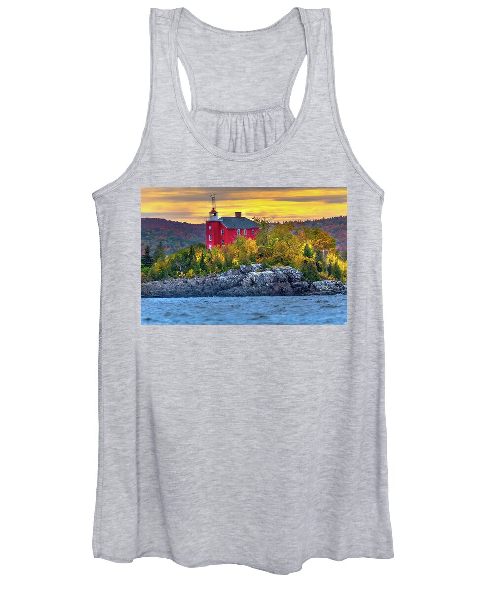 Lighthouse Women's Tank Top featuring the pyrography Marquette Harbor Lighthouse -7323 by Norris Seward
