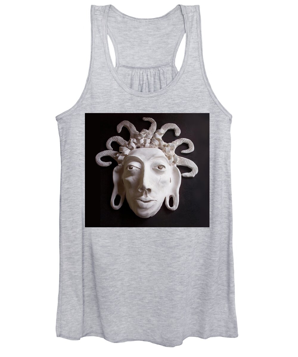 The Aztec Women's Tank Top featuring the ceramic art Mask The Aztec by Joan Stratton