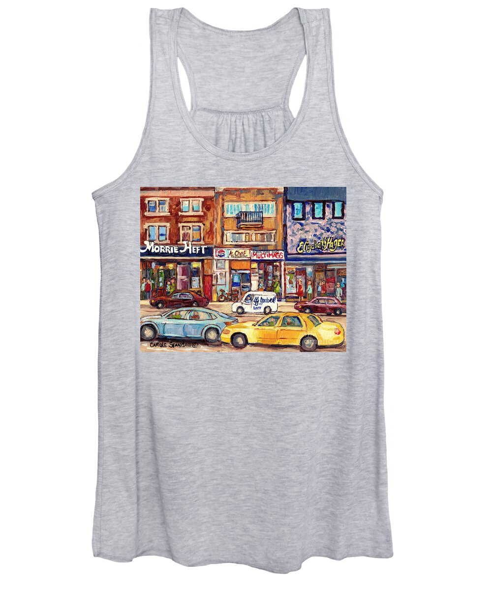 Montreal Women's Tank Top featuring the painting Morrie Heft Elizabeth Hager Le Chef Jj Joubert On Queen Mary Rd Stores C Spandau Montreal by Carole Spandau