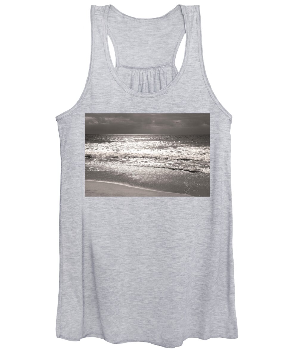Black And White Women's Tank Top featuring the photograph Oceanside California Beach B and W Clouds on Water by Catherine Walters