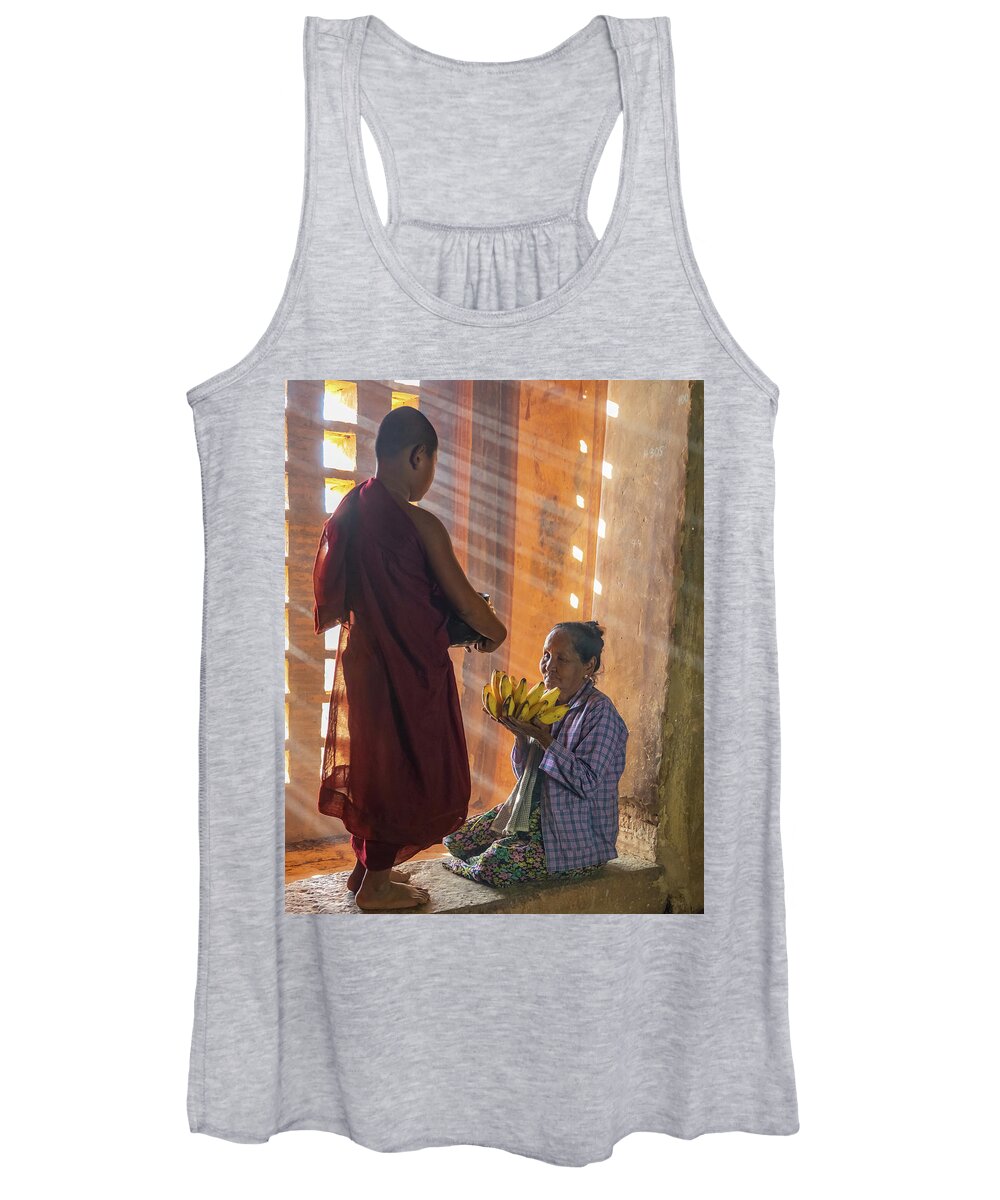 Boy Women's Tank Top featuring the photograph offering to young Buddhist monk by Ann Moore