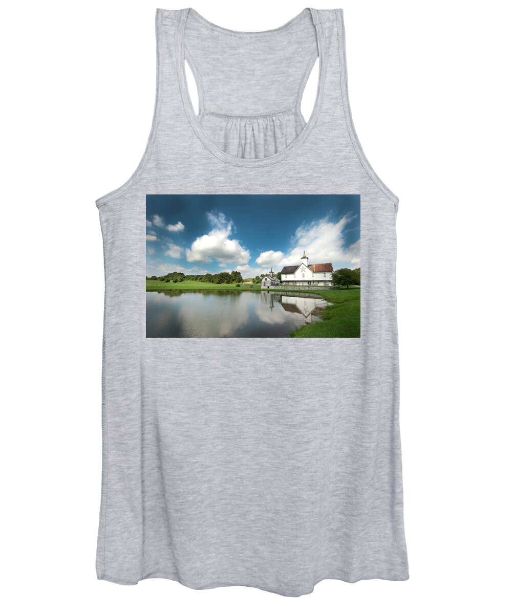 Star Barn Women's Tank Top featuring the photograph Old Star Barn and Pond Reflection by Paul W Faust - Impressions of Light
