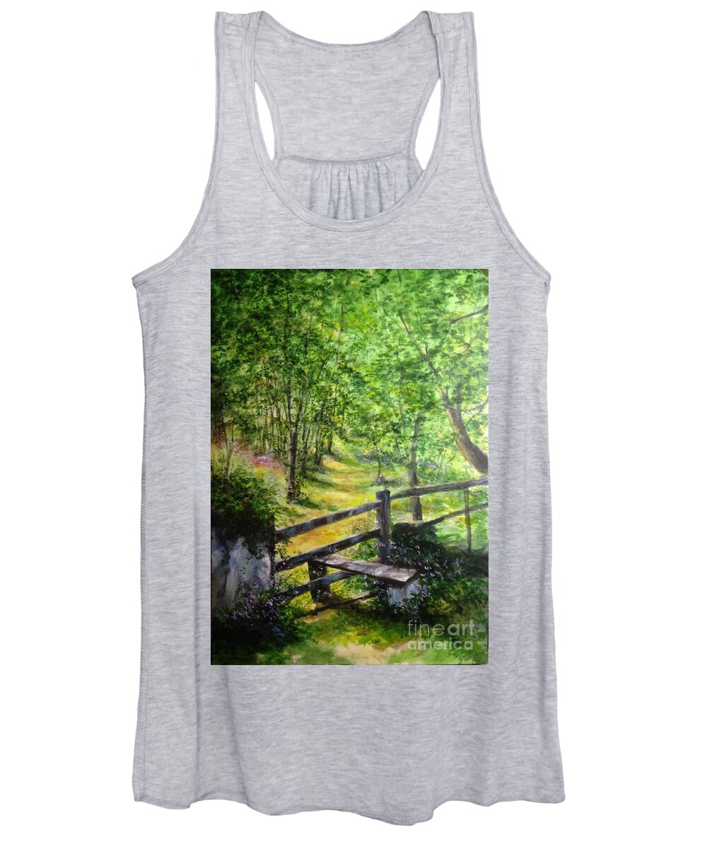 Bluebells Women's Tank Top featuring the painting Path way through the countryside England by Lizzy Forrester