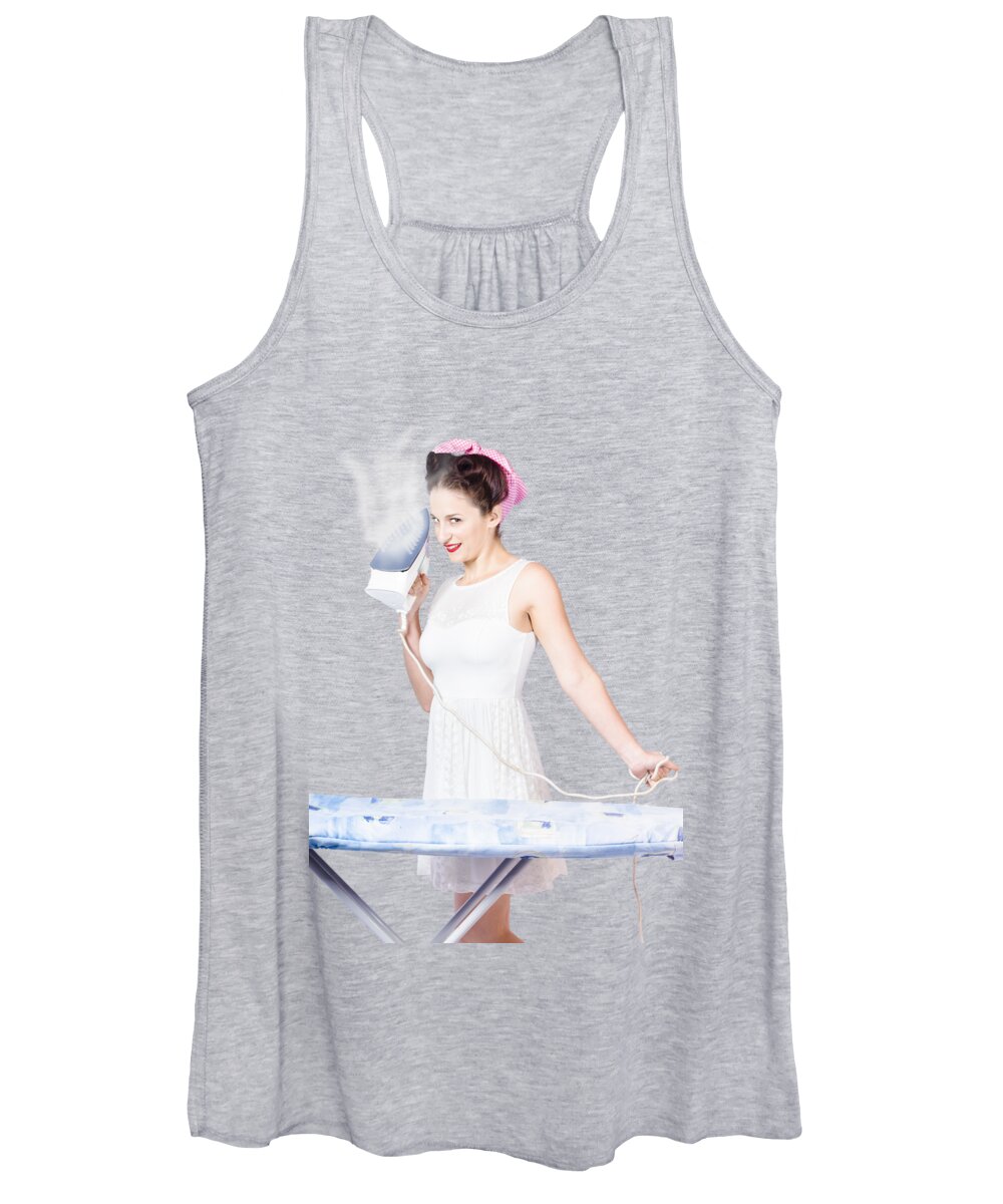 Cleaning Women's Tank Top featuring the photograph Pin up woman providing steam clean ironing service by Jorgo Photography