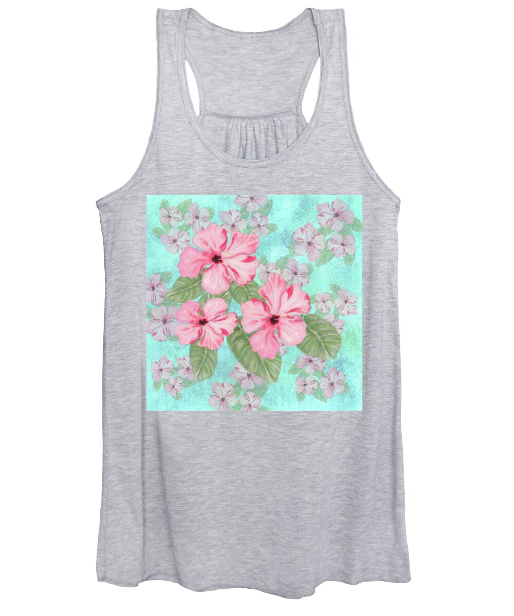 Pink Women's Tank Top featuring the digital art Pink Hibiscus Print on Aqua by Sand And Chi