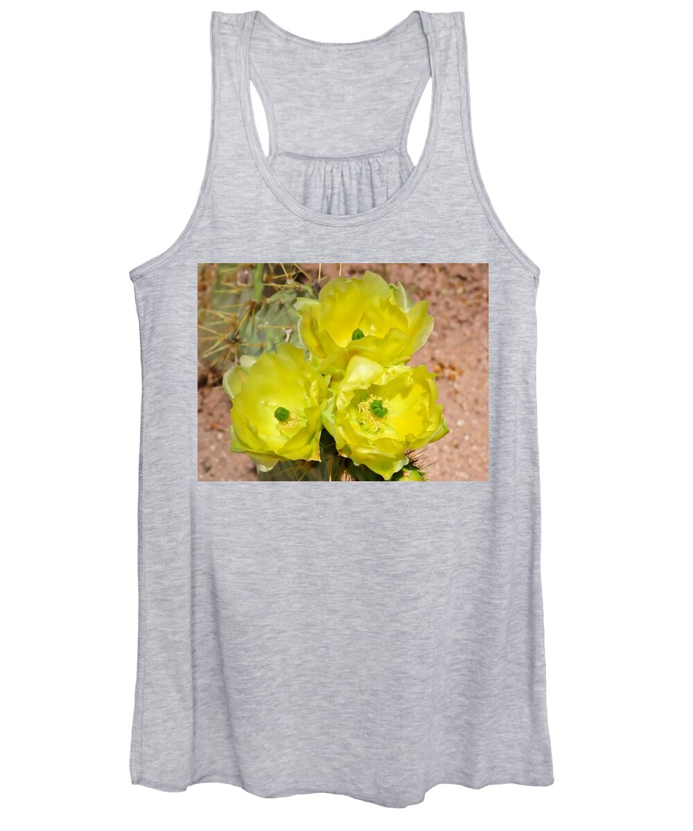 Arizona Women's Tank Top featuring the photograph Prickly Pear Cactus Trio Bloom by Judy Kennedy