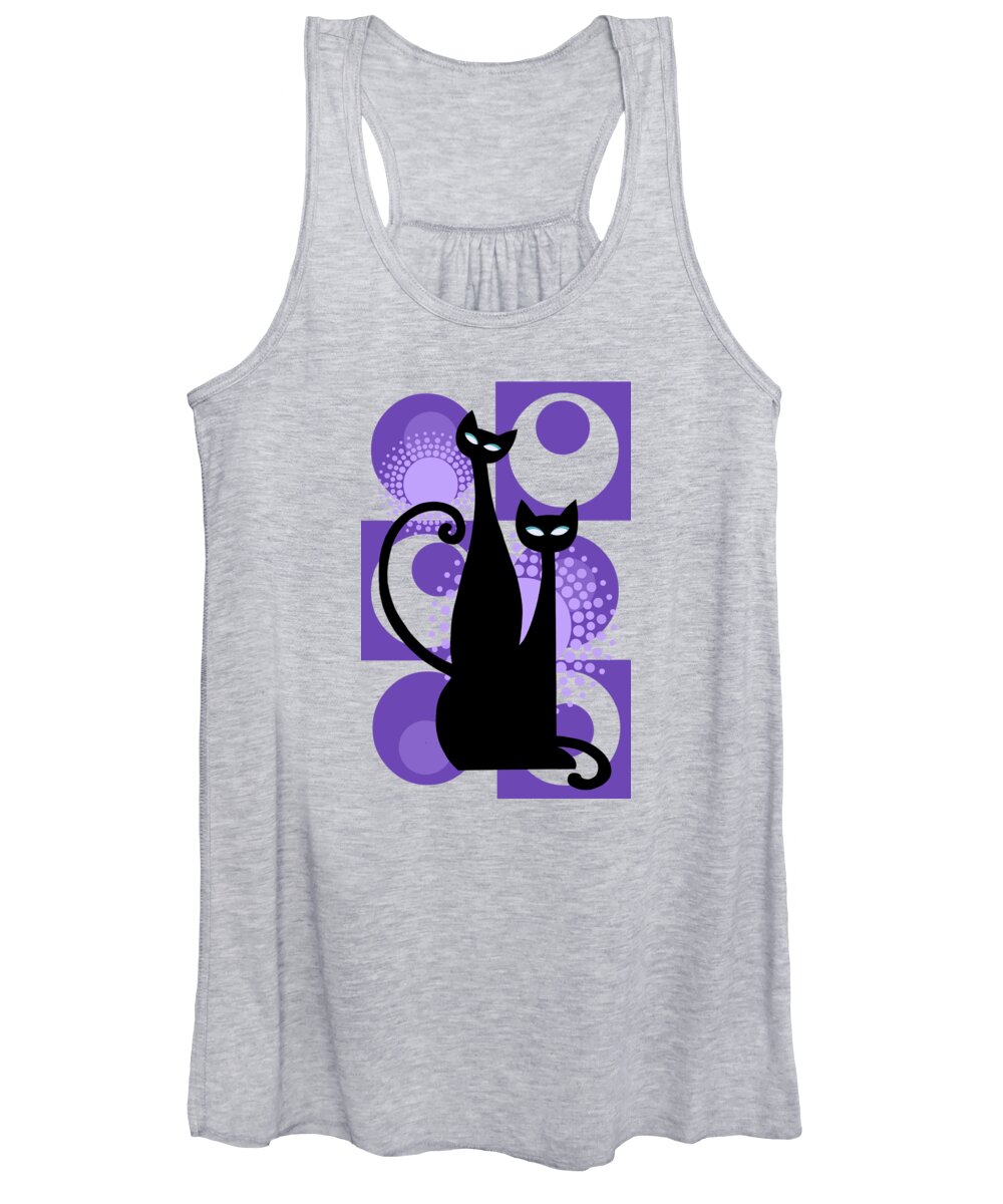 Painting Women's Tank Top featuring the painting Purple Paradise Atomic Age Black Kitschy Cats by Little Bunny Sunshine