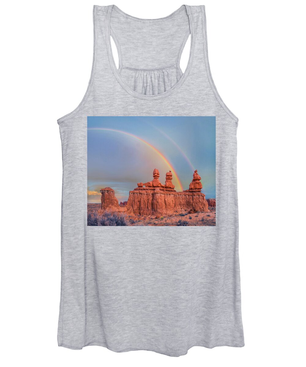 00567618 Women's Tank Top featuring the photograph Rainbow Over The Three Judges, Goblin Valley State Park, Utah by Tim Fitzharris