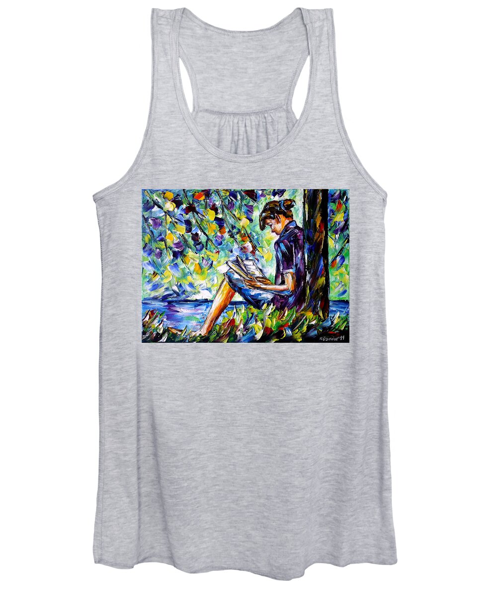 Girl With A Book Women's Tank Top featuring the painting Reading By The River by Mirek Kuzniar