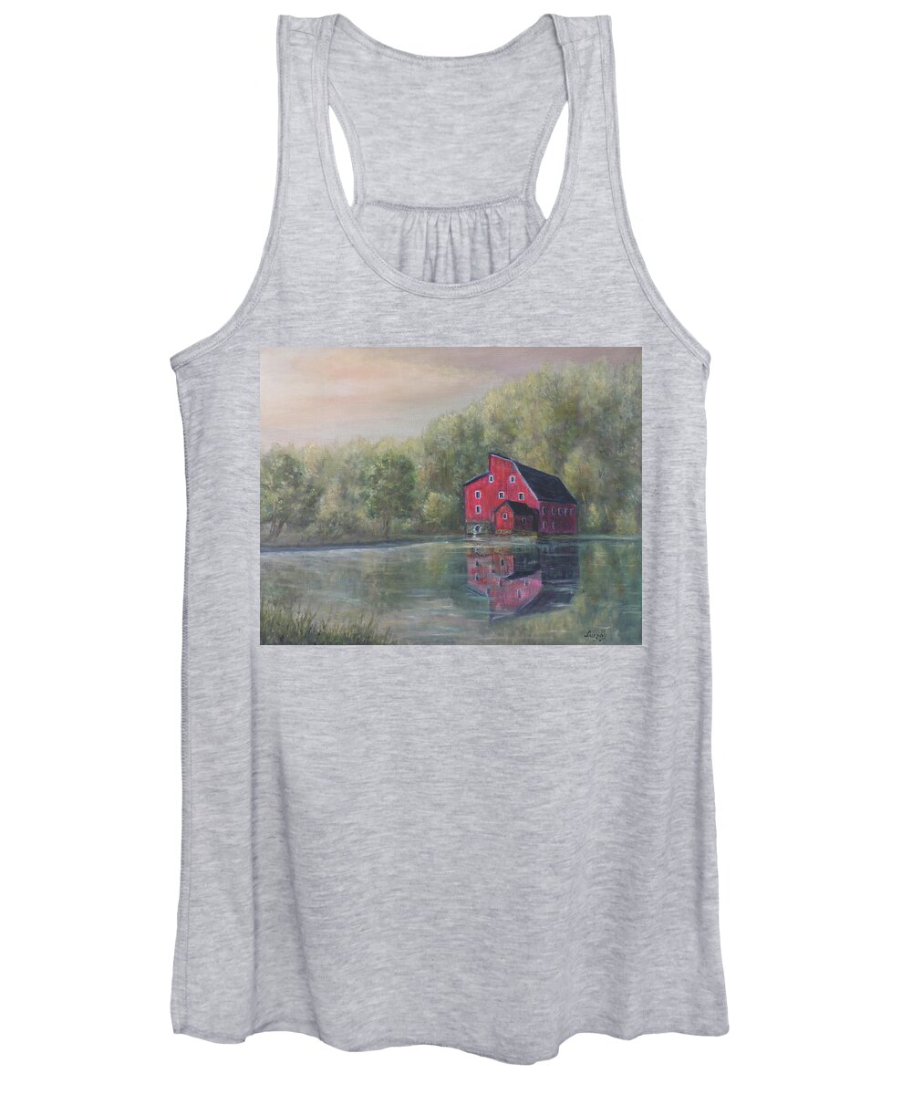 Red Barn Historic New Jersey Women's Tank Top featuring the painting Red Mill Clinton New Jersey by Katalin Luczay