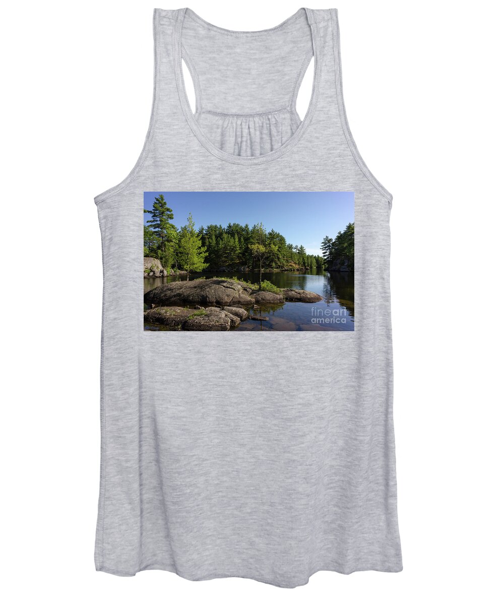 Rocks Women's Tank Top featuring the photograph Rocky Island On Moon River by Les Palenik
