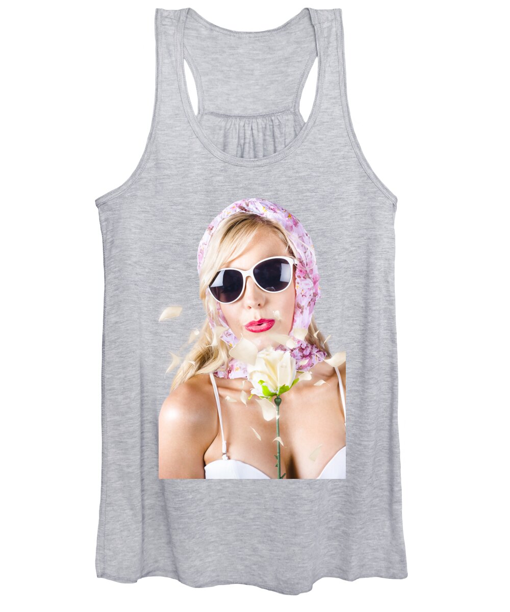 Kiss Women's Tank Top featuring the photograph Romantic woman with flower by Jorgo Photography
