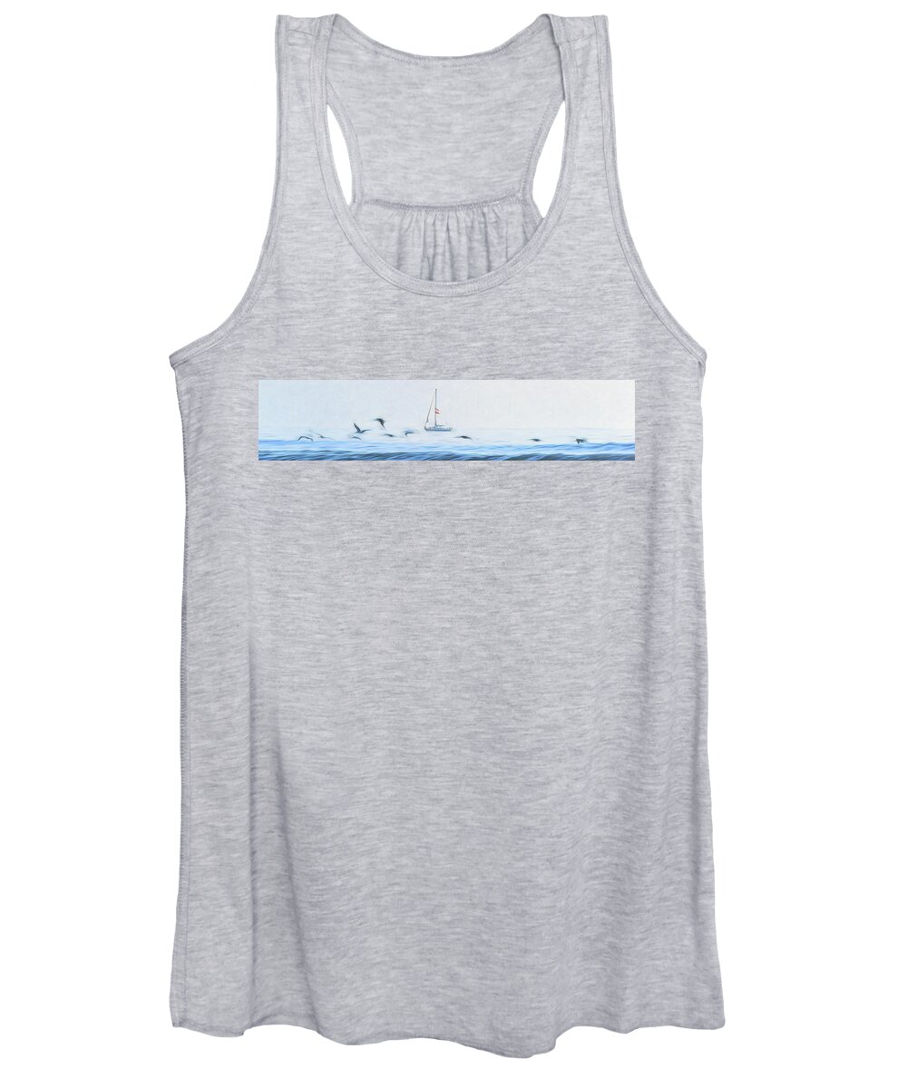 Sailboat Women's Tank Top featuring the photograph Sailboat And Gulls by Steven Sparks
