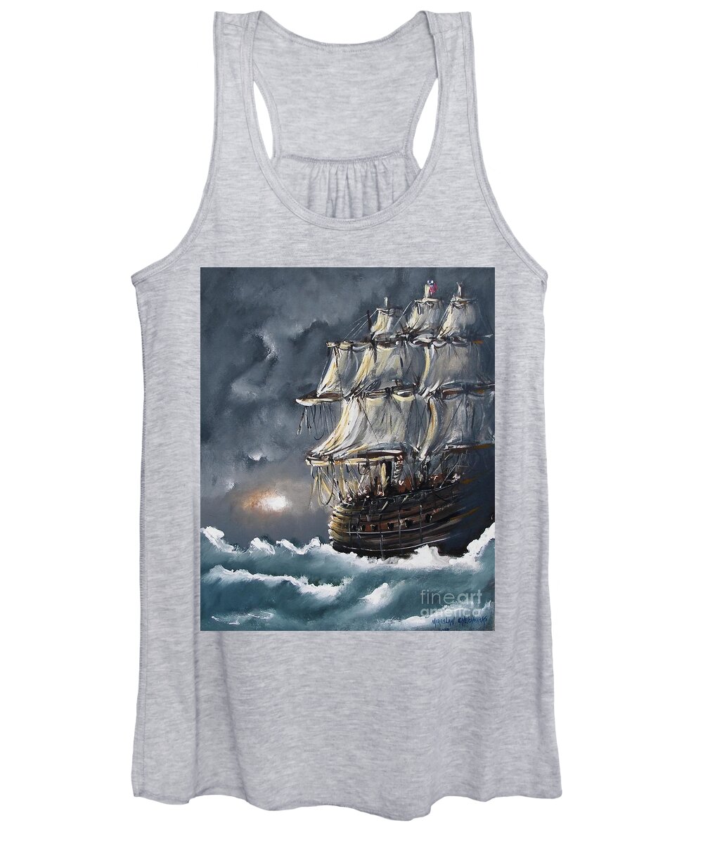Ship Voyage Acrylic On Canvas Painting Print Seascape Ocean Water Wave Sea Storm Dark Blue Evening Cloudy Sail Sailing Boat Sail Cloth Women's Tank Top featuring the painting Ship Voyage by Miroslaw Chelchowski