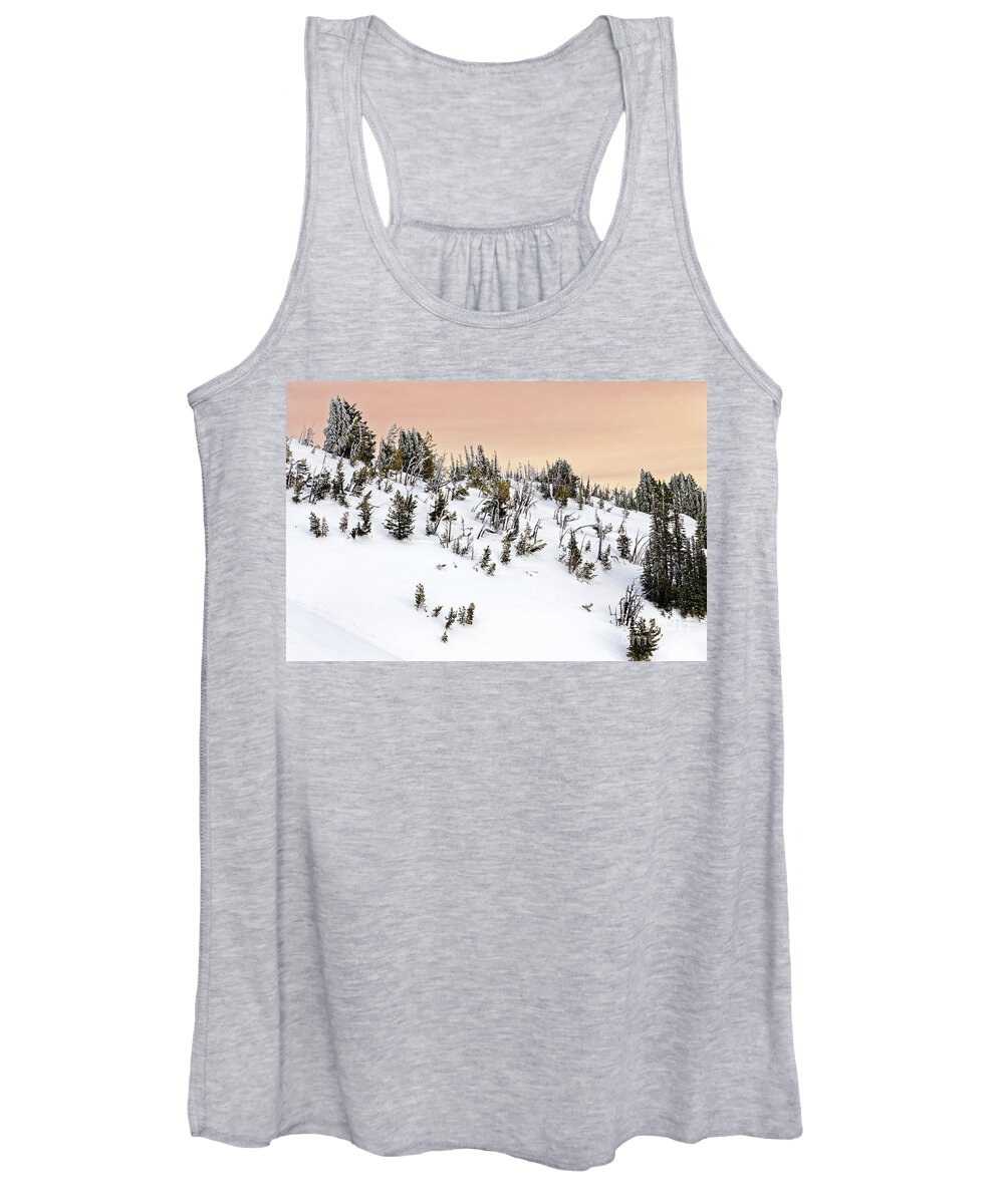 Snow; Snowy Mountain; Steep Women's Tank Top featuring the photograph Snowy Winter Mountain Hillside Landscape Ice Snow On Conifer Trees Colorful Sky by Robert C Paulson Jr