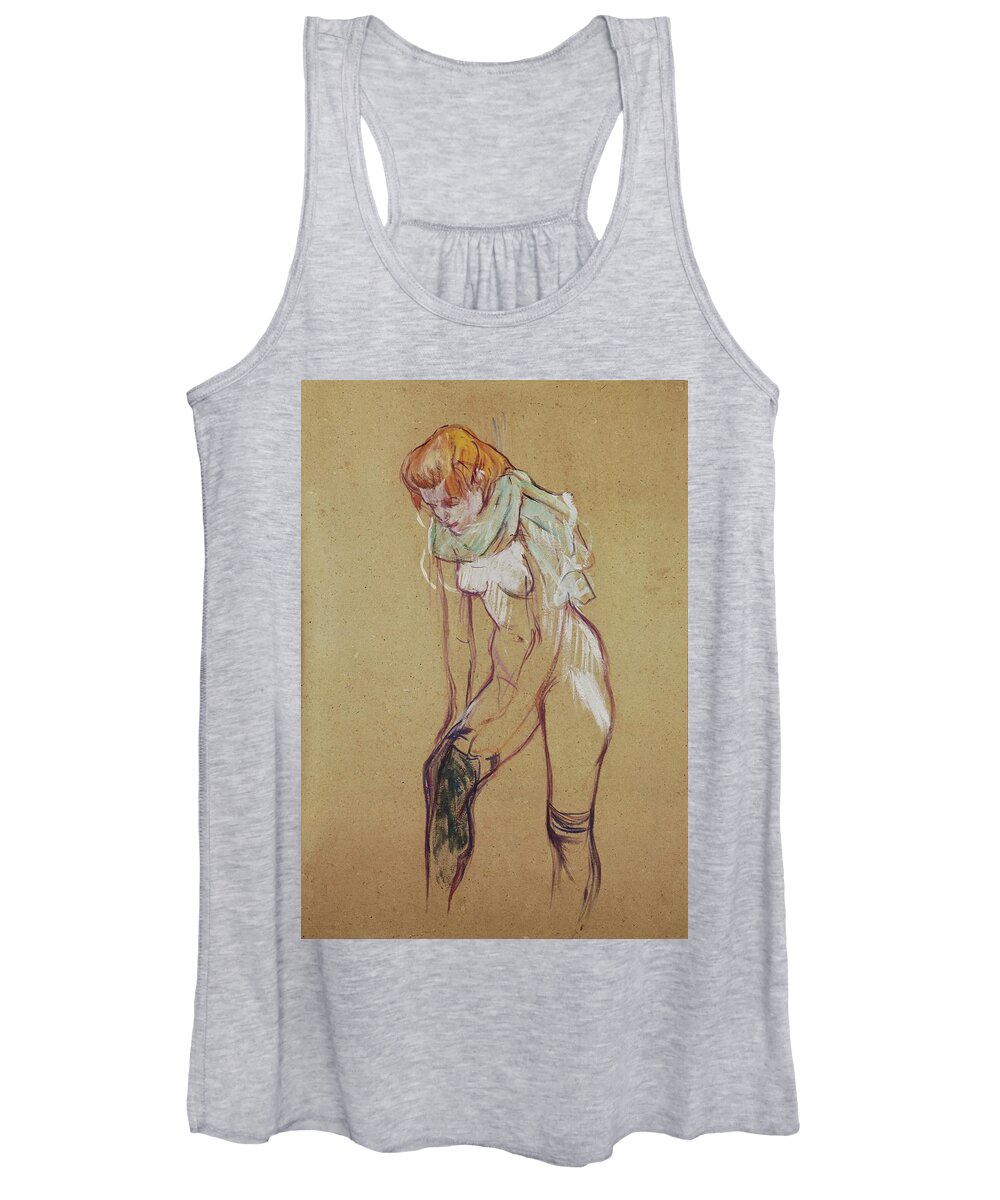Henri De Toulouse-lautrec Women's Tank Top featuring the drawing Study for andquot, Woman putting on her stockingandquot,, 1894 Essence on board, 61,5 x 44,5 cm. by Henri de Toulouse Lautrec -1864-1901-