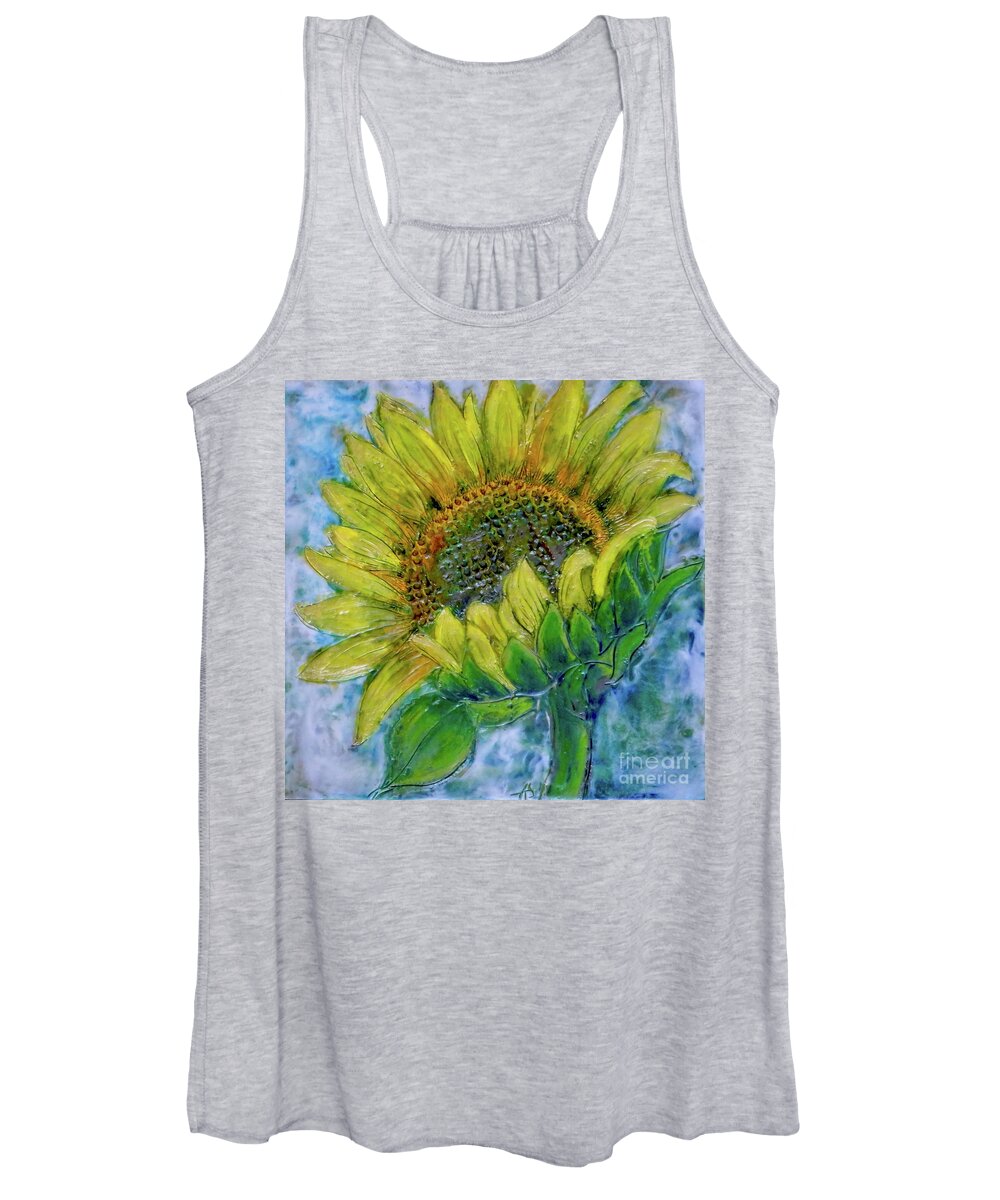 Sun Flower Sunflower Painting Yellow Green Blue Vibrant Texture Carved Encaustic Beeswax Bee Wax Garden Amy Stielstra Sunshine Women's Tank Top featuring the painting Sunflower Happiness by Amy Stielstra
