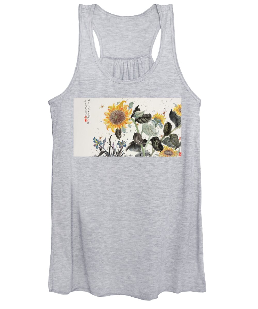 Chinese Watercolor Women's Tank Top featuring the painting Sunflower and Dragonfly by Jenny Sanders