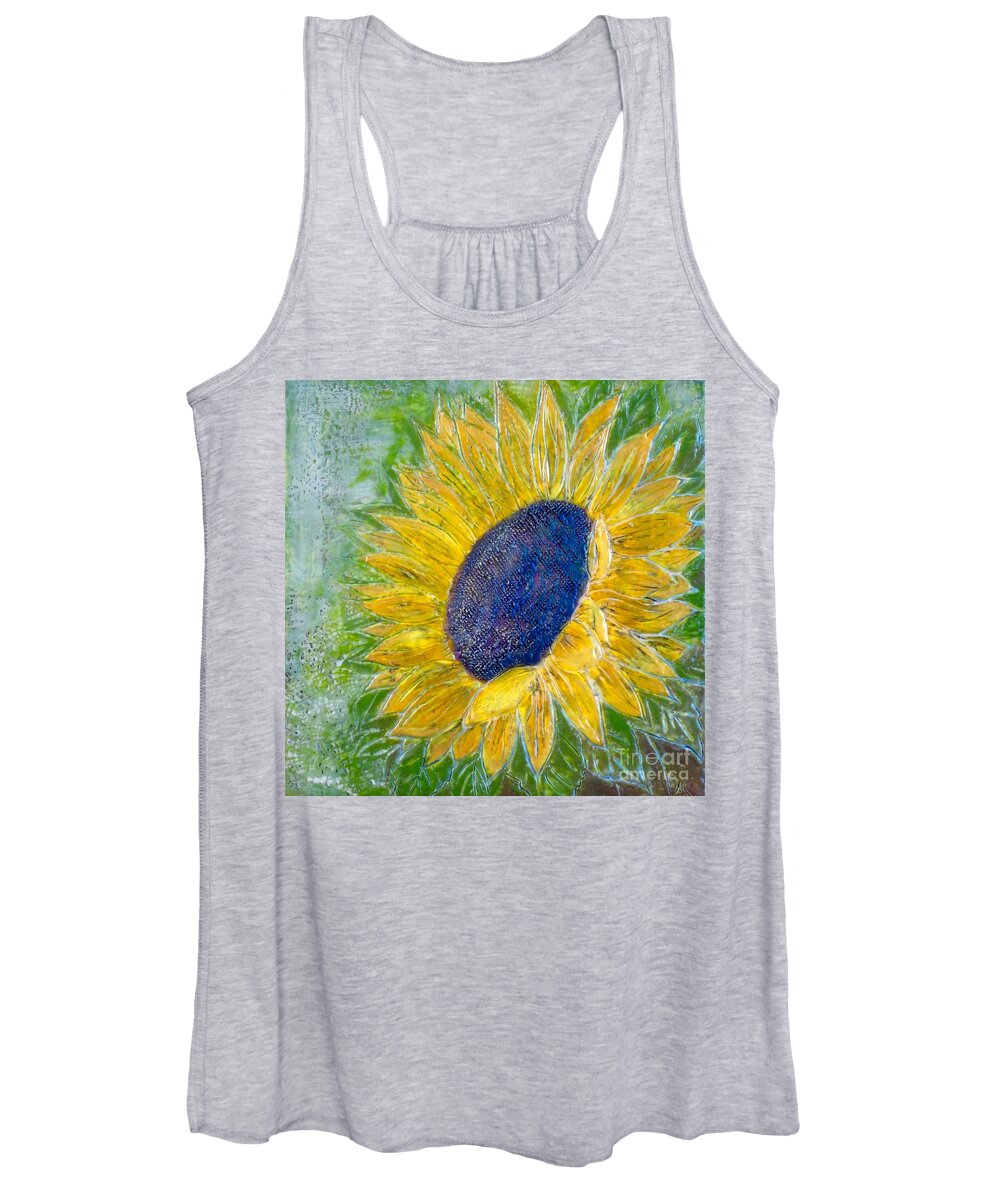 Sun Flower Sunflower Praises Flower Painting Art Yellow Green Encaustic Wax Beeswax Carved Texture Amy Stielstra Fine Art Happy Sunshine Glow Women's Tank Top featuring the painting Sunflower Praises by Amy Stielstra