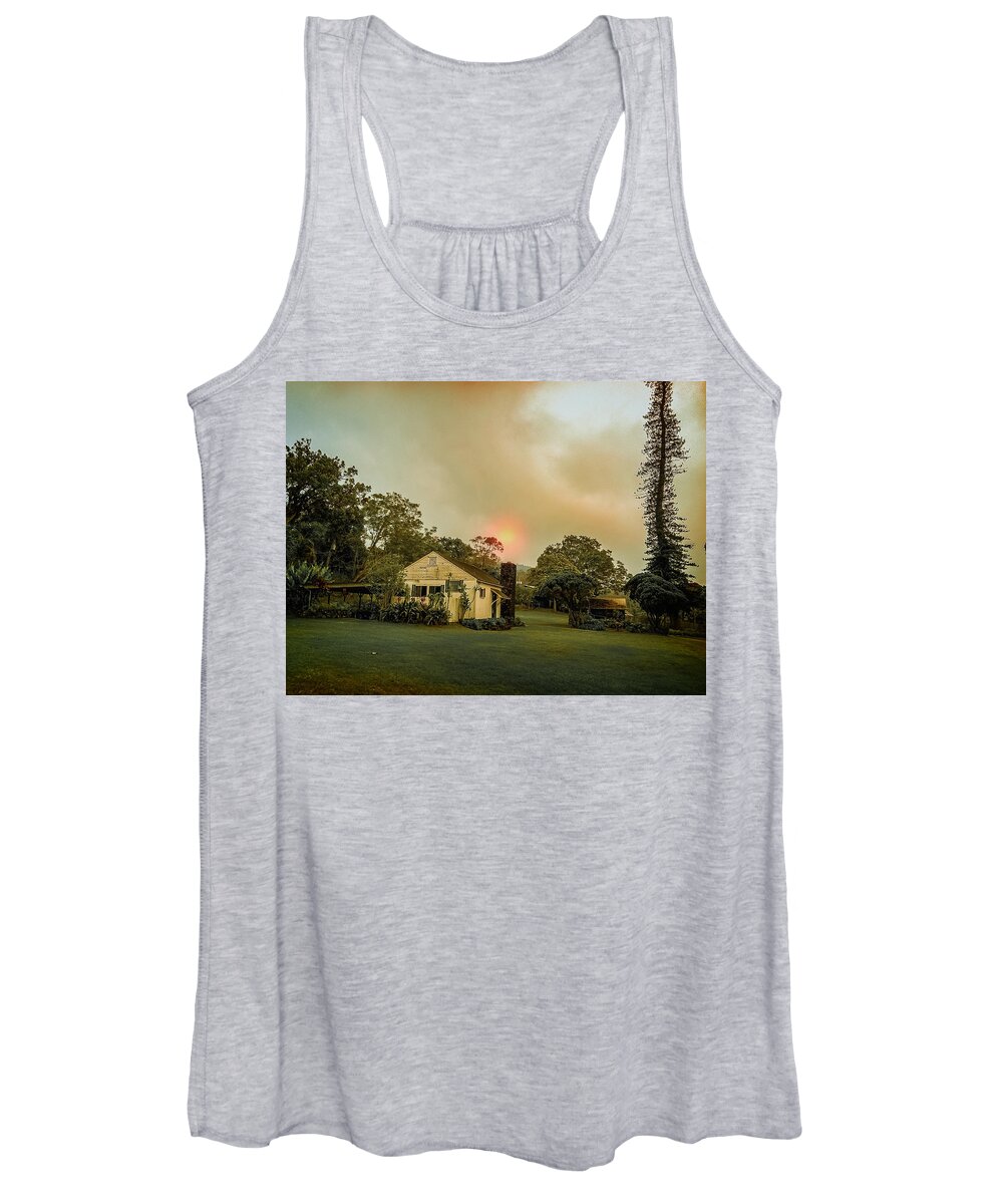 Sunrise Sun Landscape Dawn Morning Rising Sunset Light Landscapes Sunshine Sunny Rural Countryside Hills Rustic Shining Country Farm Nature Bright Haze Mist Fog Forest Trees Atmosphere Woods Morning Autumn Lake Fall Water Mountain Nature Mountains River Sun Dawn Road Mood Path Women's Tank Top featuring the photograph Sunrise Through The Haze by Pheasant Run Gallery