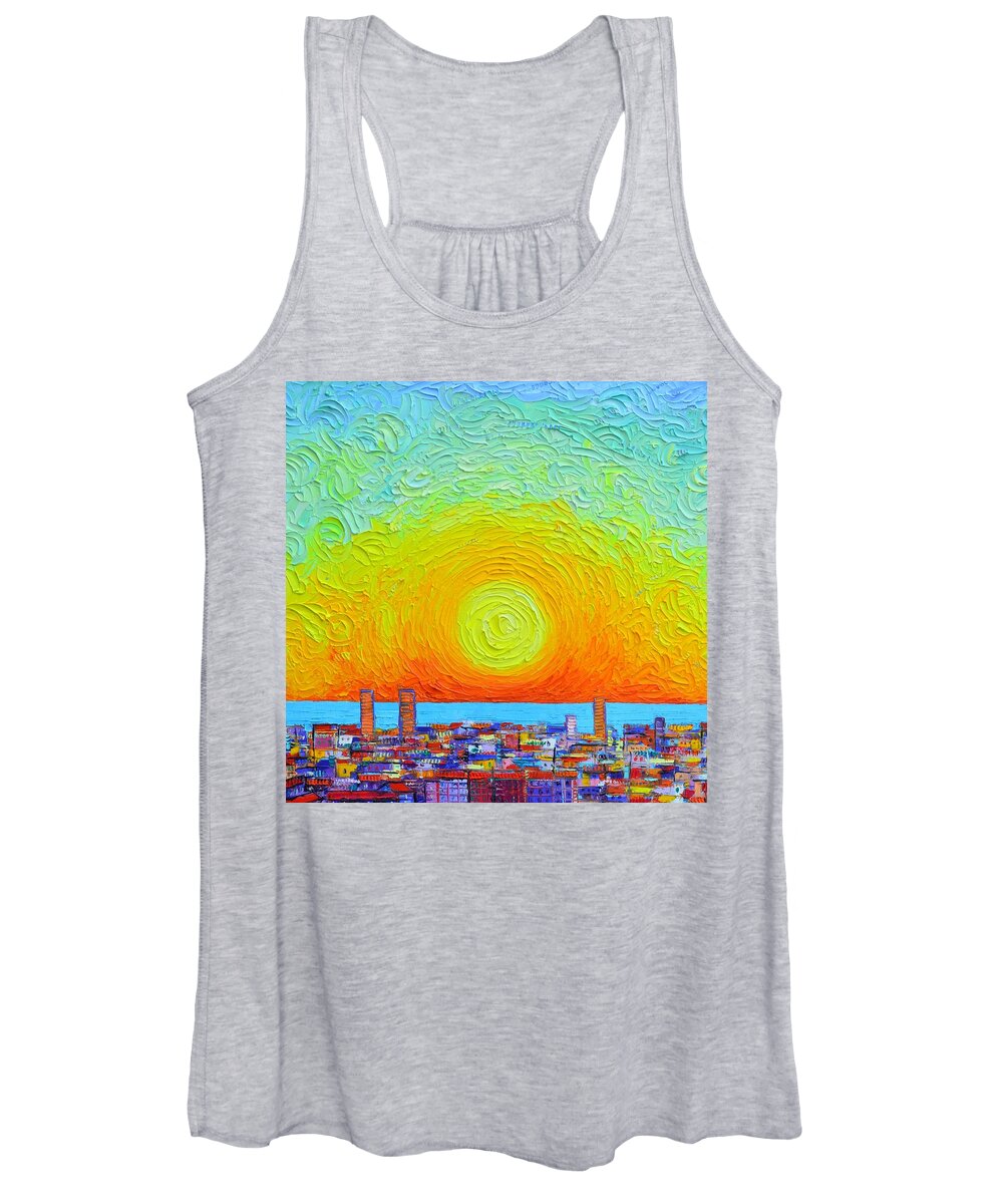 Barcelona Women's Tank Top featuring the painting SUNSCAPE WITH BARCELONA ABSTRACT CITY PATTERNS textural impasto knife cityscape Ana Maria Edulescu by Ana Maria Edulescu