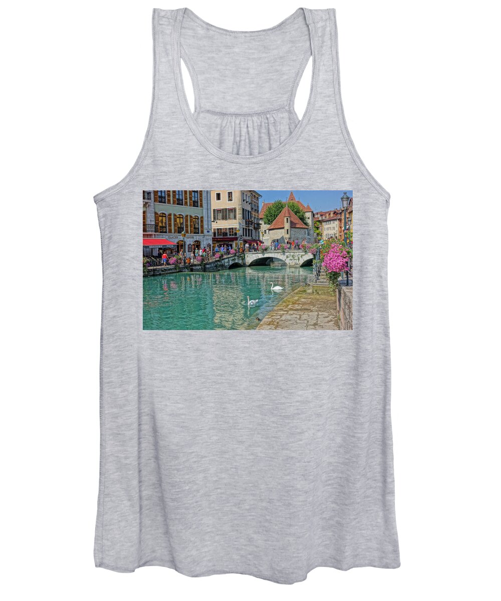 Canal Women's Tank Top featuring the photograph Swans Swimming in Annecy by Patricia Caron